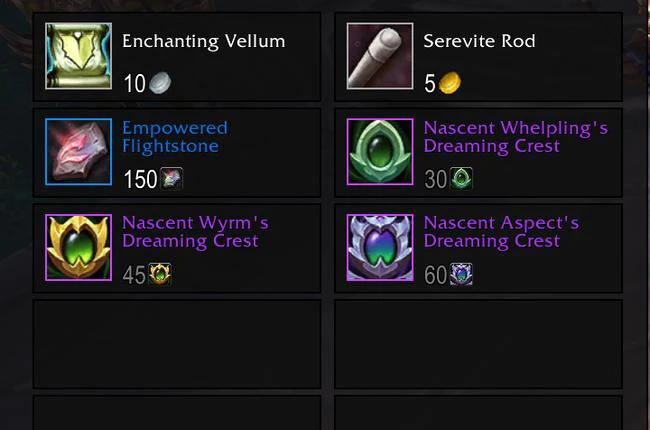 Patch 10.2 Enchanted Dreaming Crest Crafting Costs