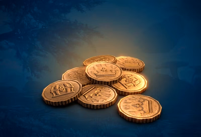 Gold coin pile rendered in The Elder Scrolls Online style with a guild trader sign behind