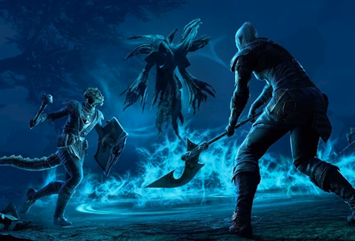 ESO dungeon boss arena with a four-player group engaging a monster-helm-dropping boss