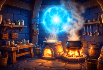 WoW player housing interior with a functional cooking station decor piece