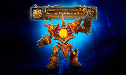 WoW Keystone Myth Boost service ad showing a premade team timing a high Midnight Season 1 key for 425+ score.