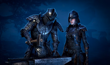 Blacksmithing forge in The Elder Scrolls Online with a fully traited weapon being crafted
