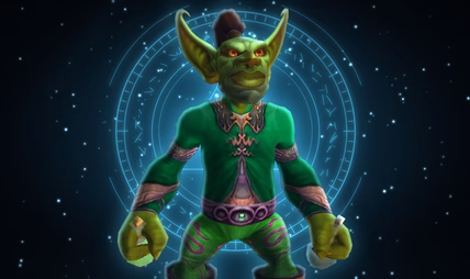 Green goblin holding a potion flask against a blue arcane circle in the Alchemy artwork.
