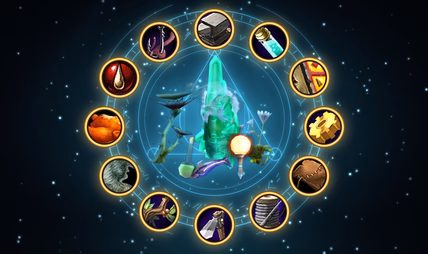 Profession symbols surrounding a glowing crystal and crafting materials in the Professions Kits artwork.