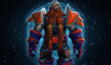 Red-bearded dwarf in heavy red and steel armor against a blue circle in the Hall of Thanes artwork.
