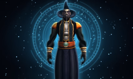 Pale figure in a black coat and pointed hat in the Ruins of Lordaeron dungeon artwork.