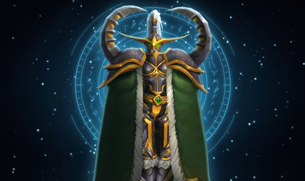 Antlered green and gold armor displayed before a blue arcane circle in the Barrow Deeps artwork.