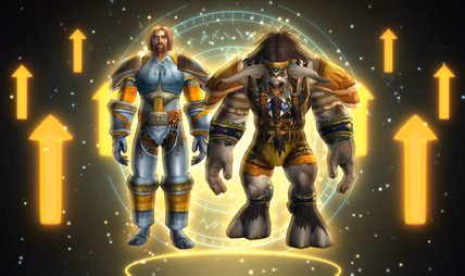 Human and tauren characters with glowing upward arrows representing WoW Forever leveling.