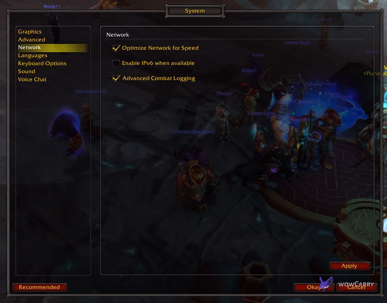 WoW Advanced Combat Logging interface setting under System Network options