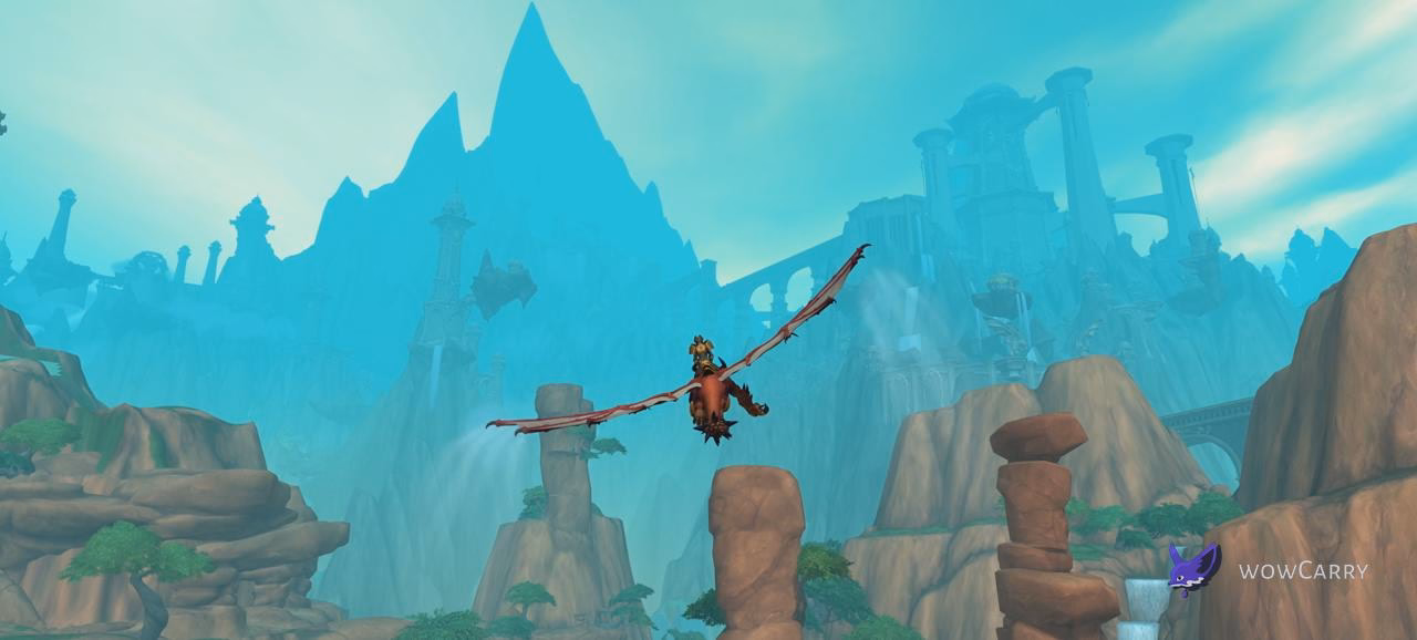 WoW player character on a dragon mount using Skyriding over old-world zones