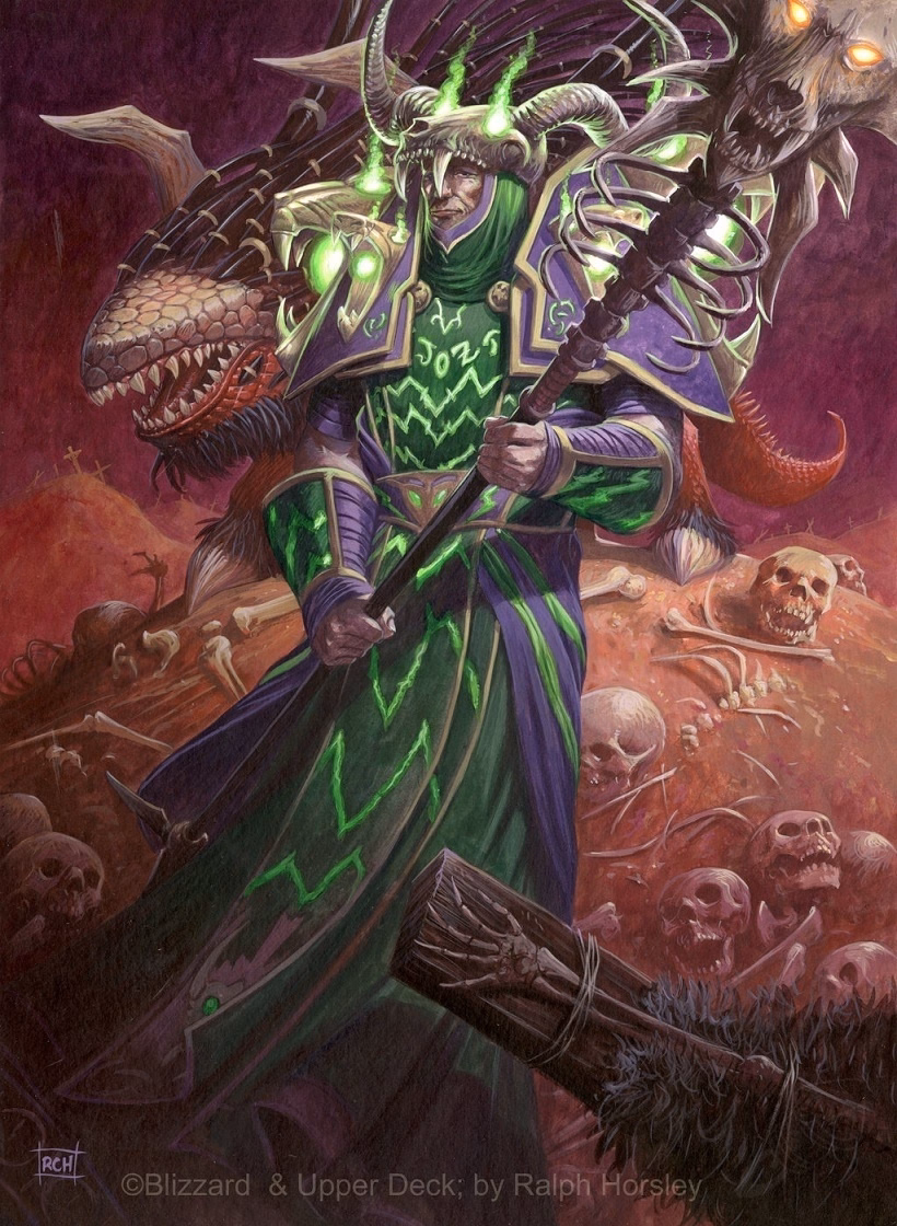 WoW Warlock surrounded by demons in official Blizzard TCG card art