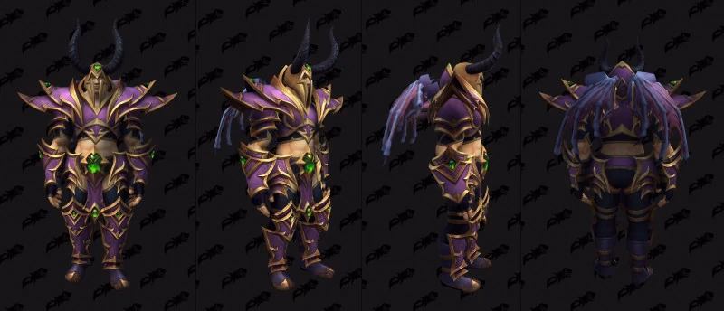 Gold-trimmed Dreadlord armor model shown from the front, angled side and back with small wings