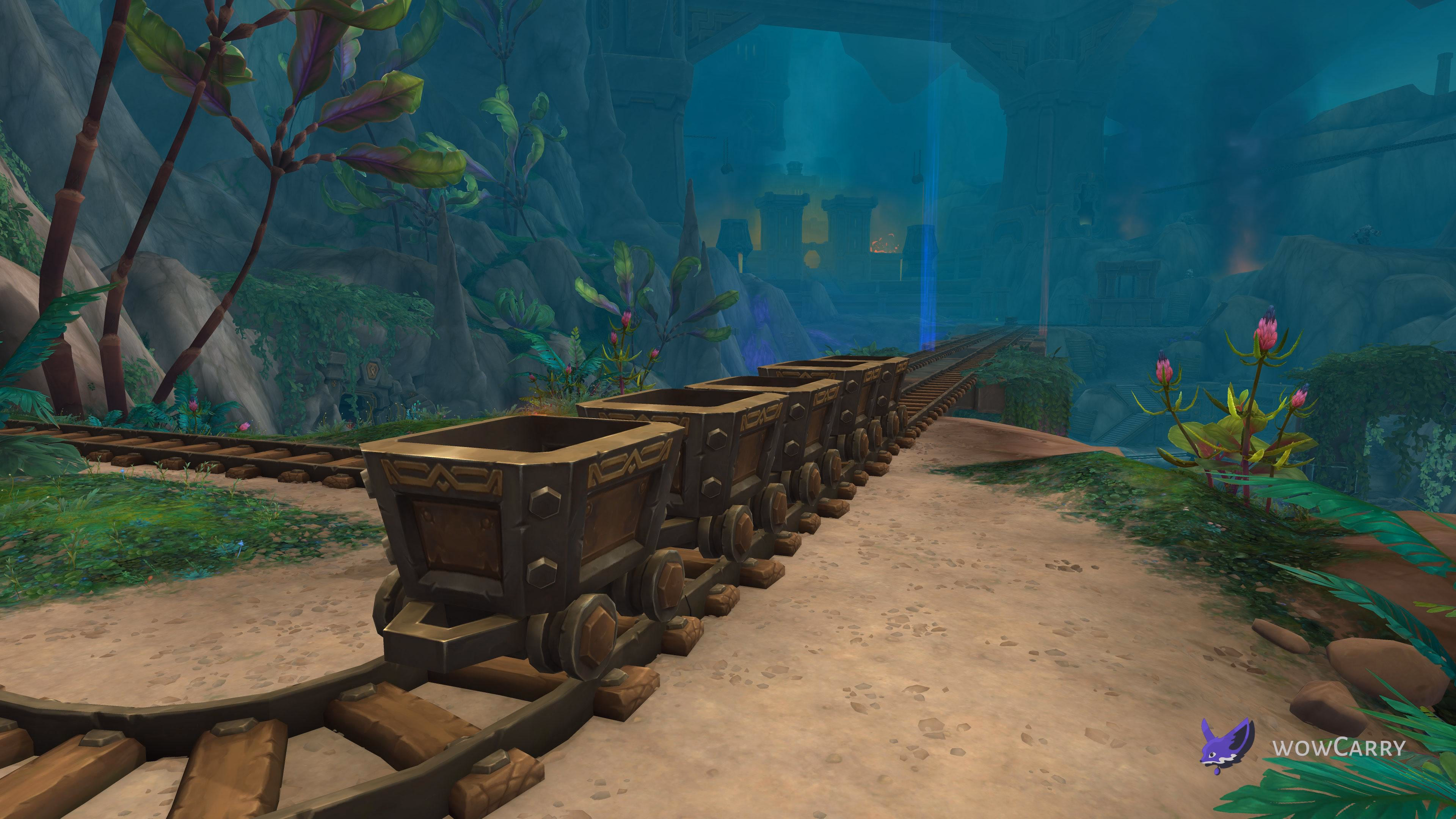 Mine carts on tracks inside Deephaul Ravine in the Ringing Deeps