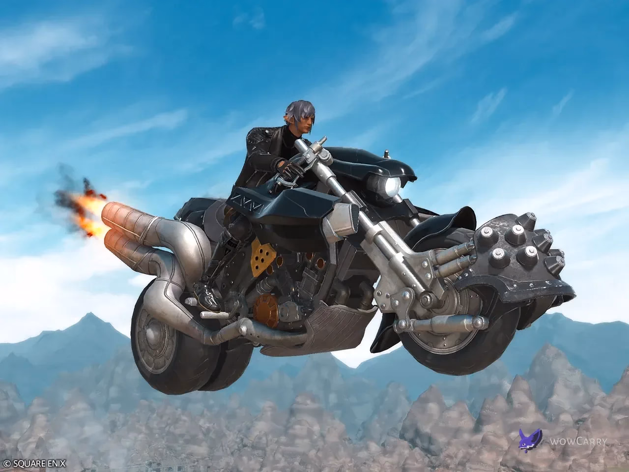 Hardy-Daytona motorcycle flying over mountains in Square Enix’s FFXIV store preview