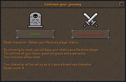 Hardcore Worlds death-choice preview with Reset selected and Transfer character available