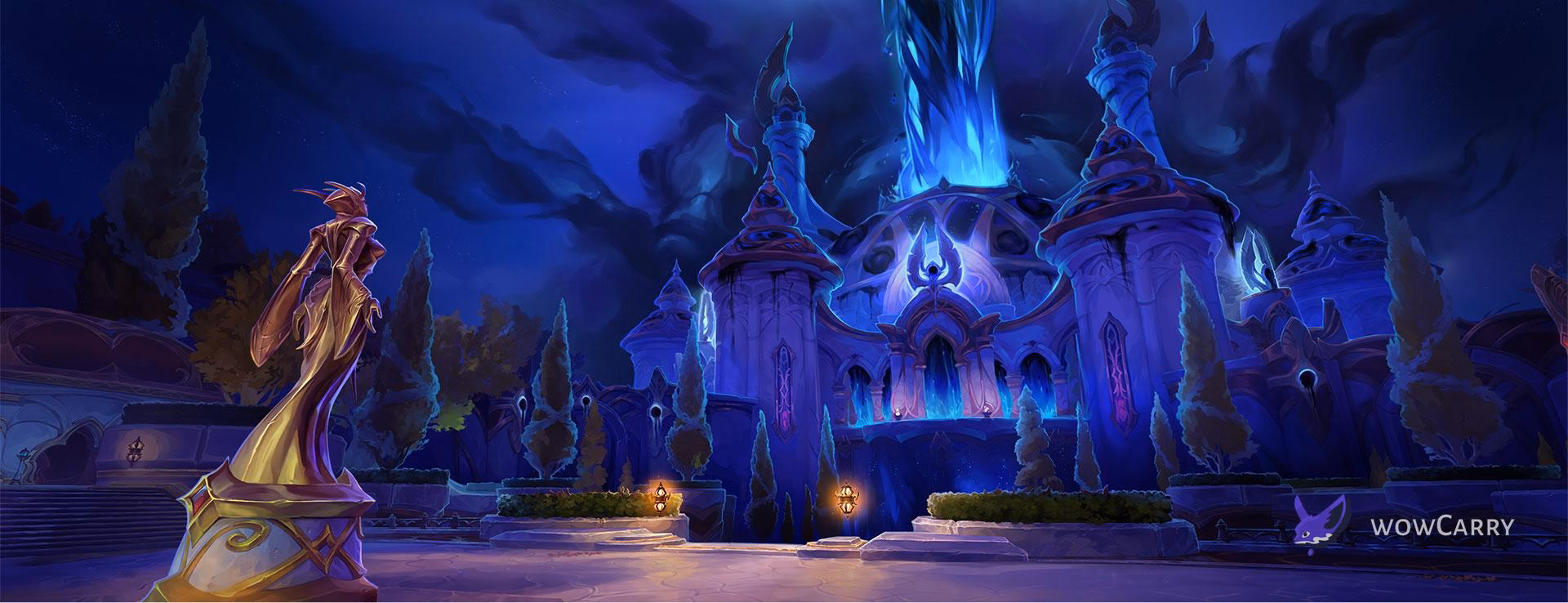 March on Queldanas raid loading screen art, the Isle of Queldanas and Sunwell under siege by the Void in WoW Midnight Season 1