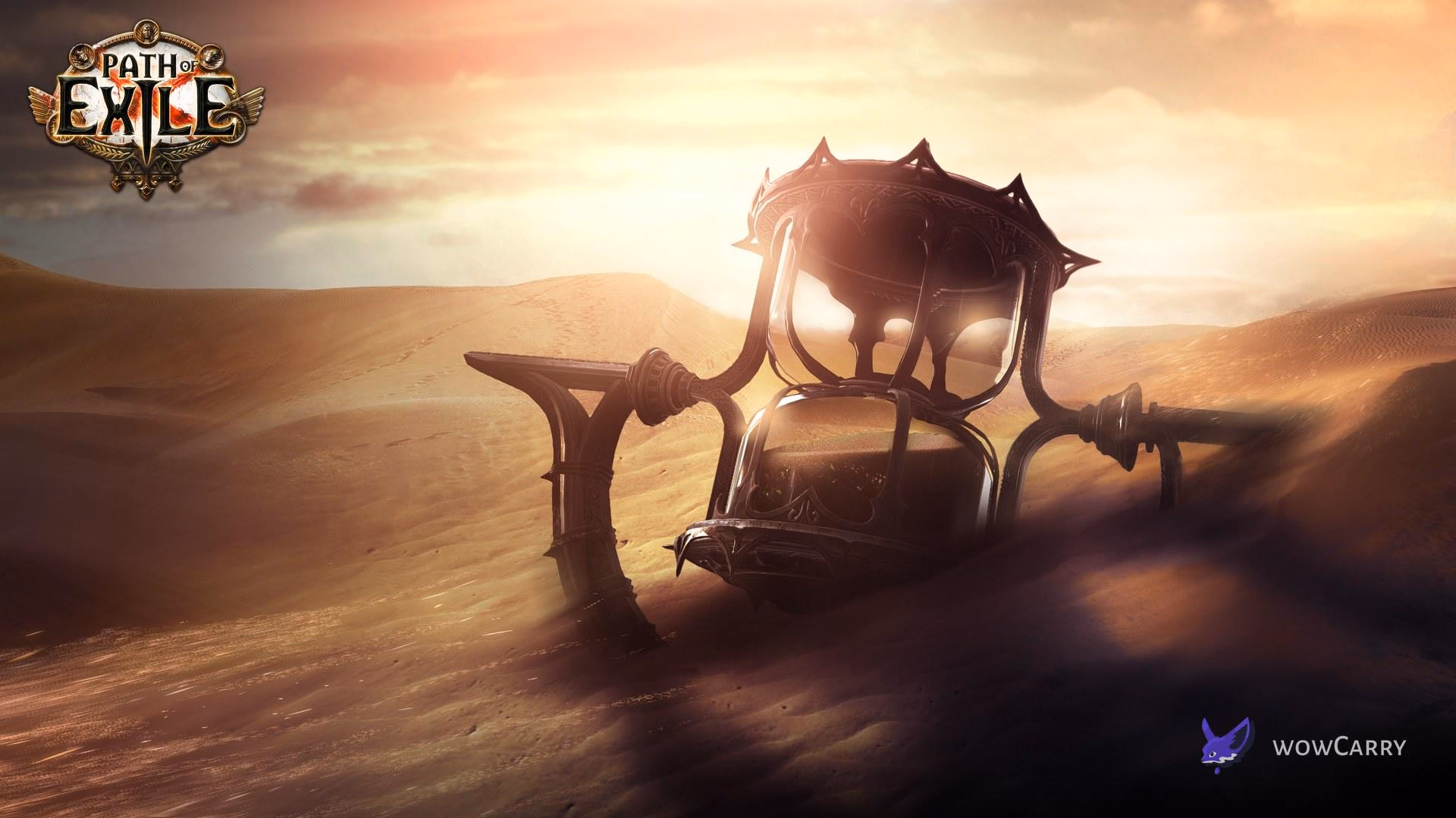Path of Exile 3.28 Mirage league key art with an hourglass in desert sand