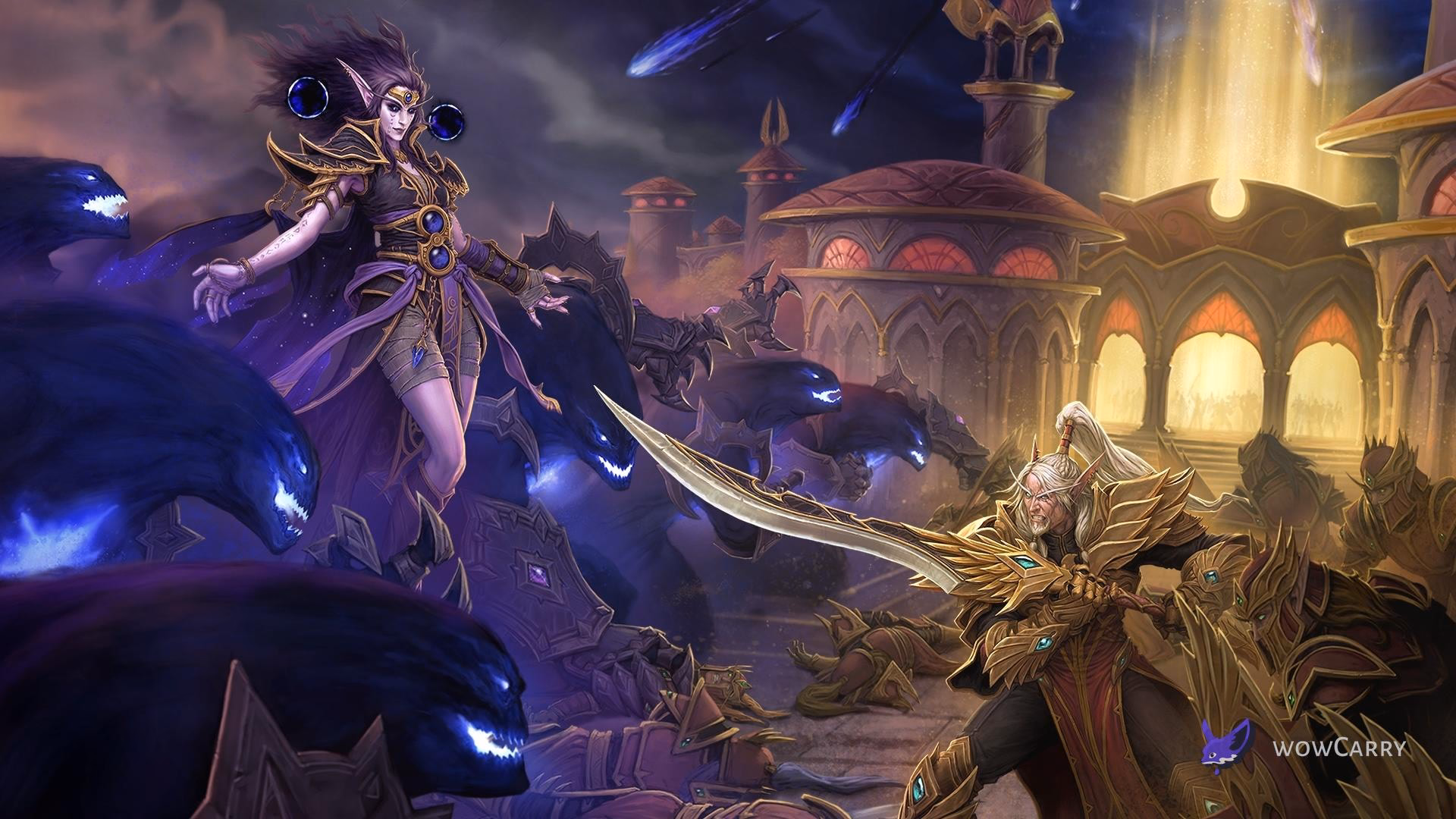 Xal'atath summons void hounds against Lor'themar at Silvermoon with the Sunwell ablaze in WoW Midnight key art