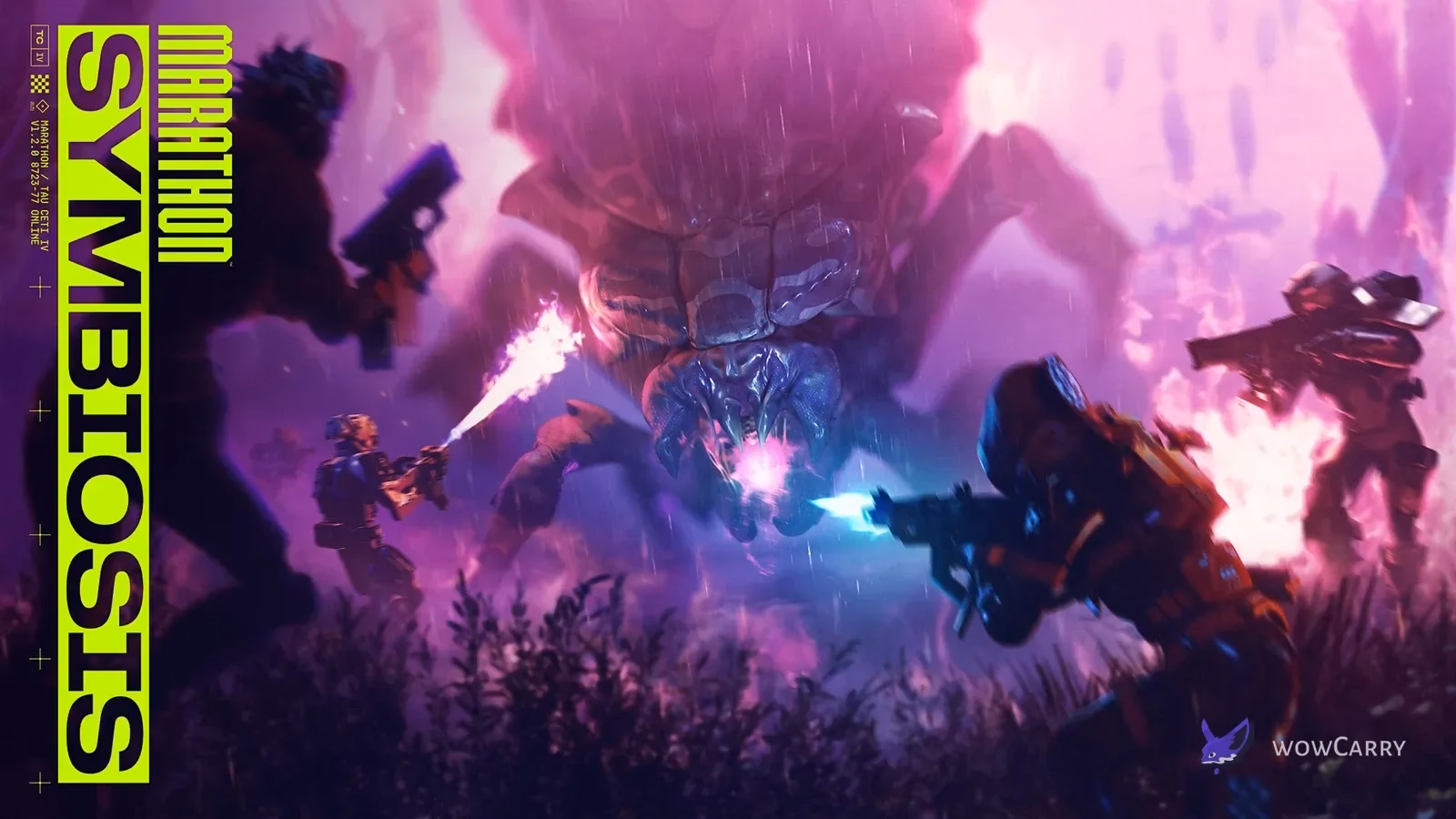 Marathon Symbiosis official key art of Runners fighting a large alien