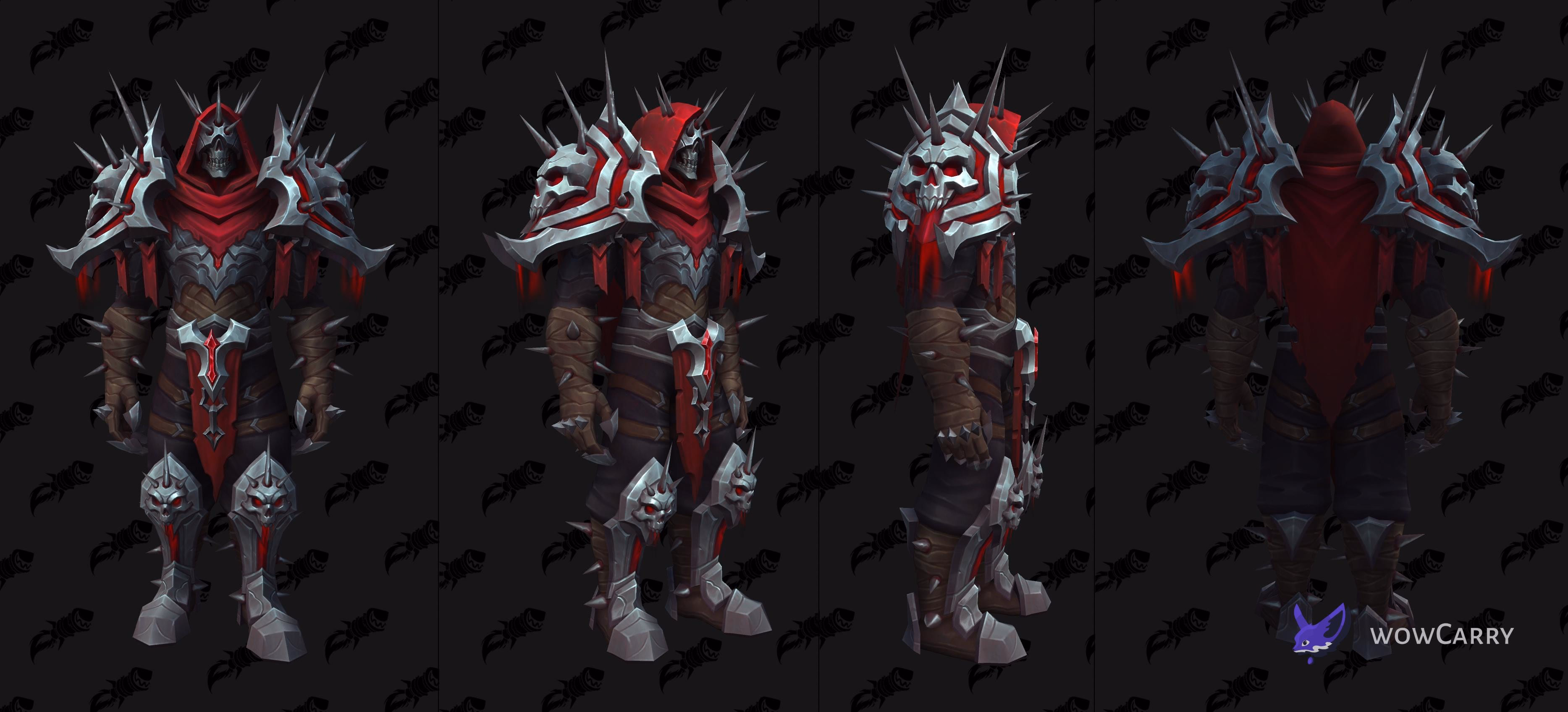 All four difficulty recolors of Risen Nightmare's Gravemantle side by side: LFR ruby red, Normal fiery red, Heroic regal purple, Mythic deep purple
