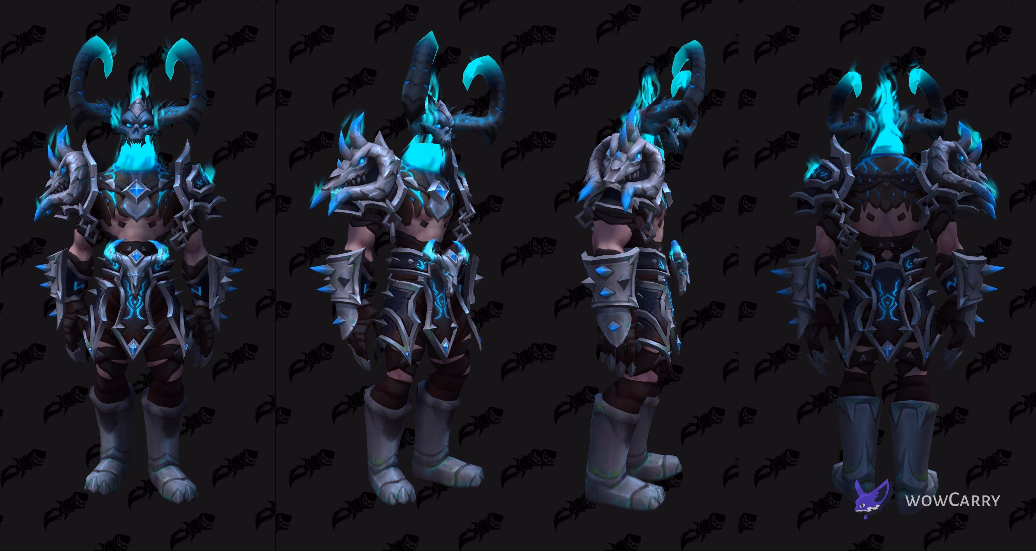 Risen Nightmare's Gravemantle Death Knight tier set: spiked shoulders, skull motifs, and hooded helm with dragon-eyebrow element