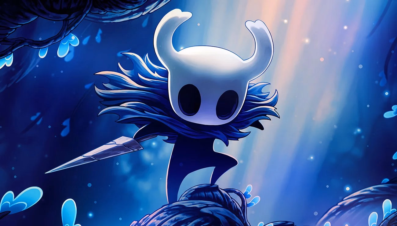 Hollow Knight protagonist the Knight standing in a glowing underground cavern