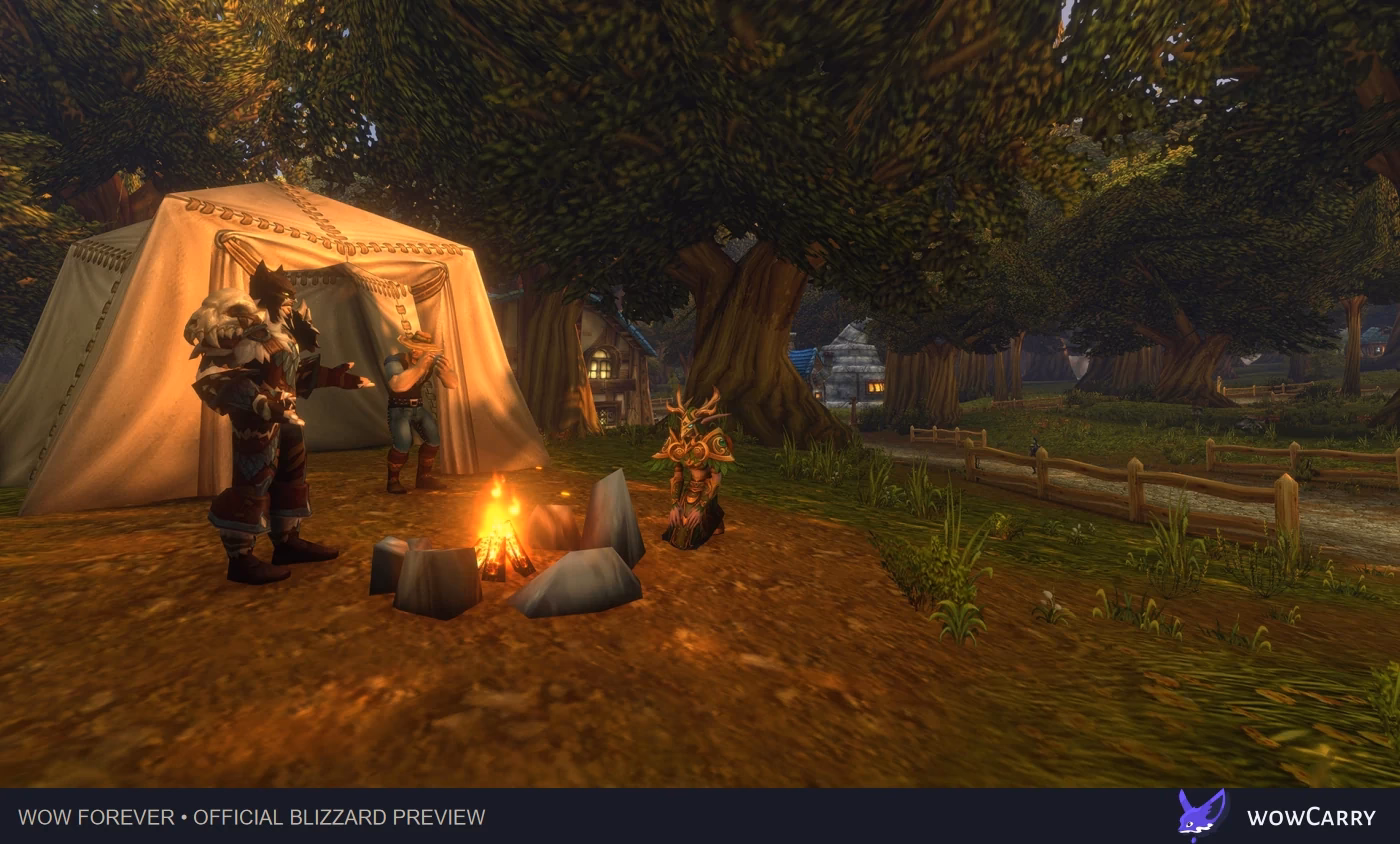 WoW Forever adventurers resting at a shared campsite