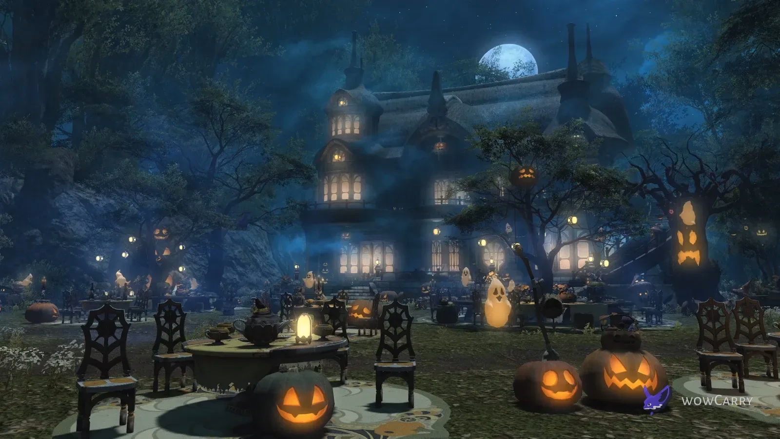 Moonlit Sneaky Hollow garden with glowing pumpkins, tables and a decorated house in FFXIV