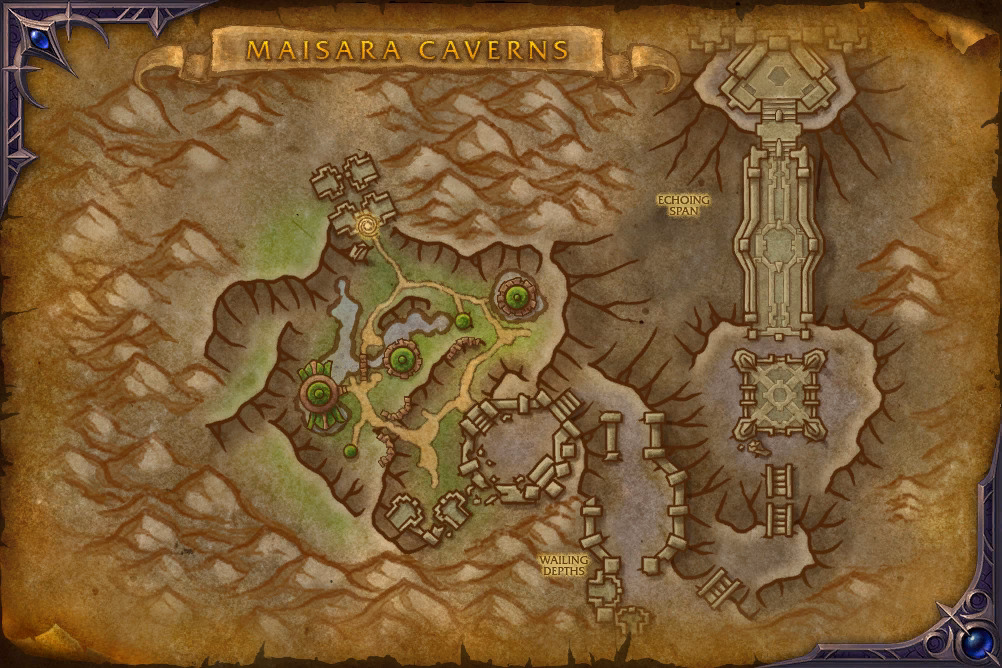 Maisara Caverns dungeon map showing the front pools and back wings