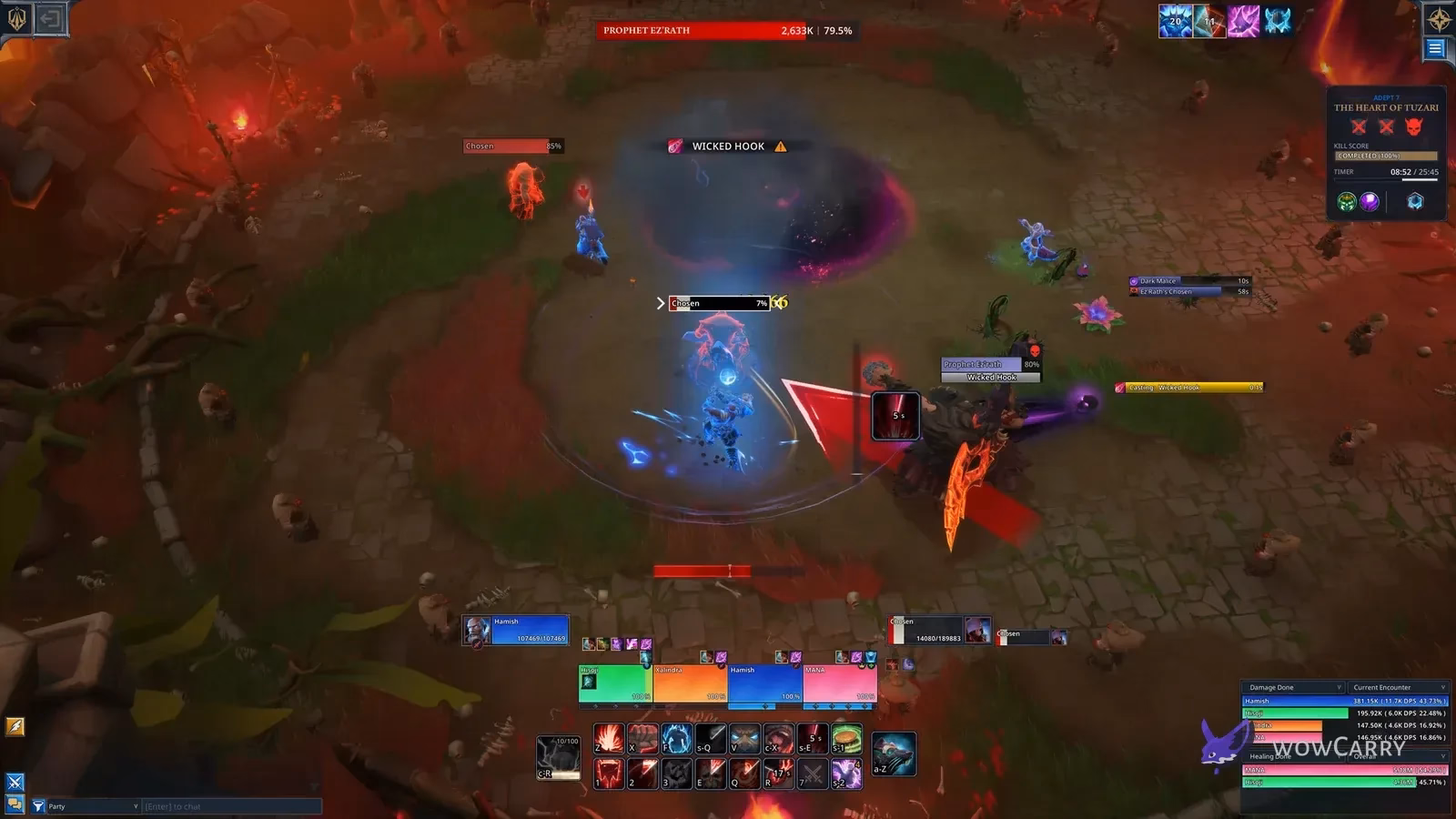 Fellowship dungeon combat showing an enemy cast, ground effect and party health