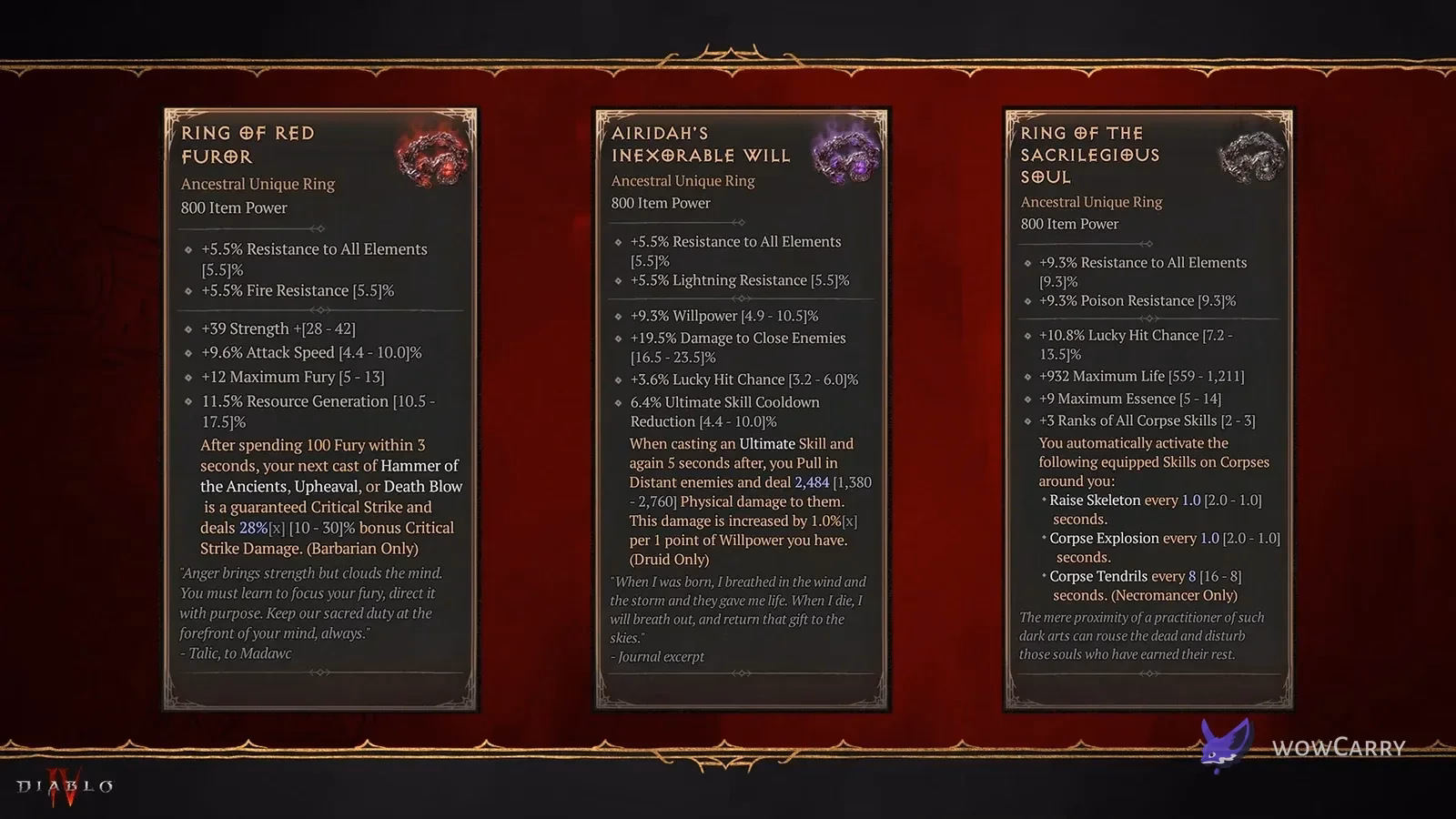 Blizzard’s original Malignant Ring preview with Airidah’s Inexorable Will in the middle, between the Barbarian and Necromancer rings