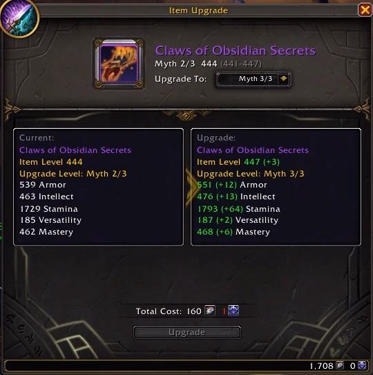 2023 PTR upgrade window showing Myth 2/3 item level 444 changing to Myth 3/3 item level 447