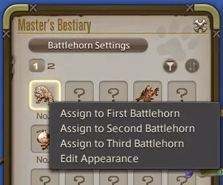 FFXIV Master’s Bestiary menu assigning a familiar to a battlehorn