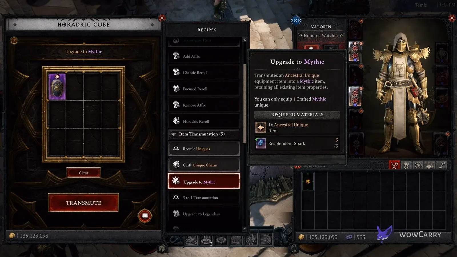 Horadric Cube direct Mythic upgrade preview in Diablo IV