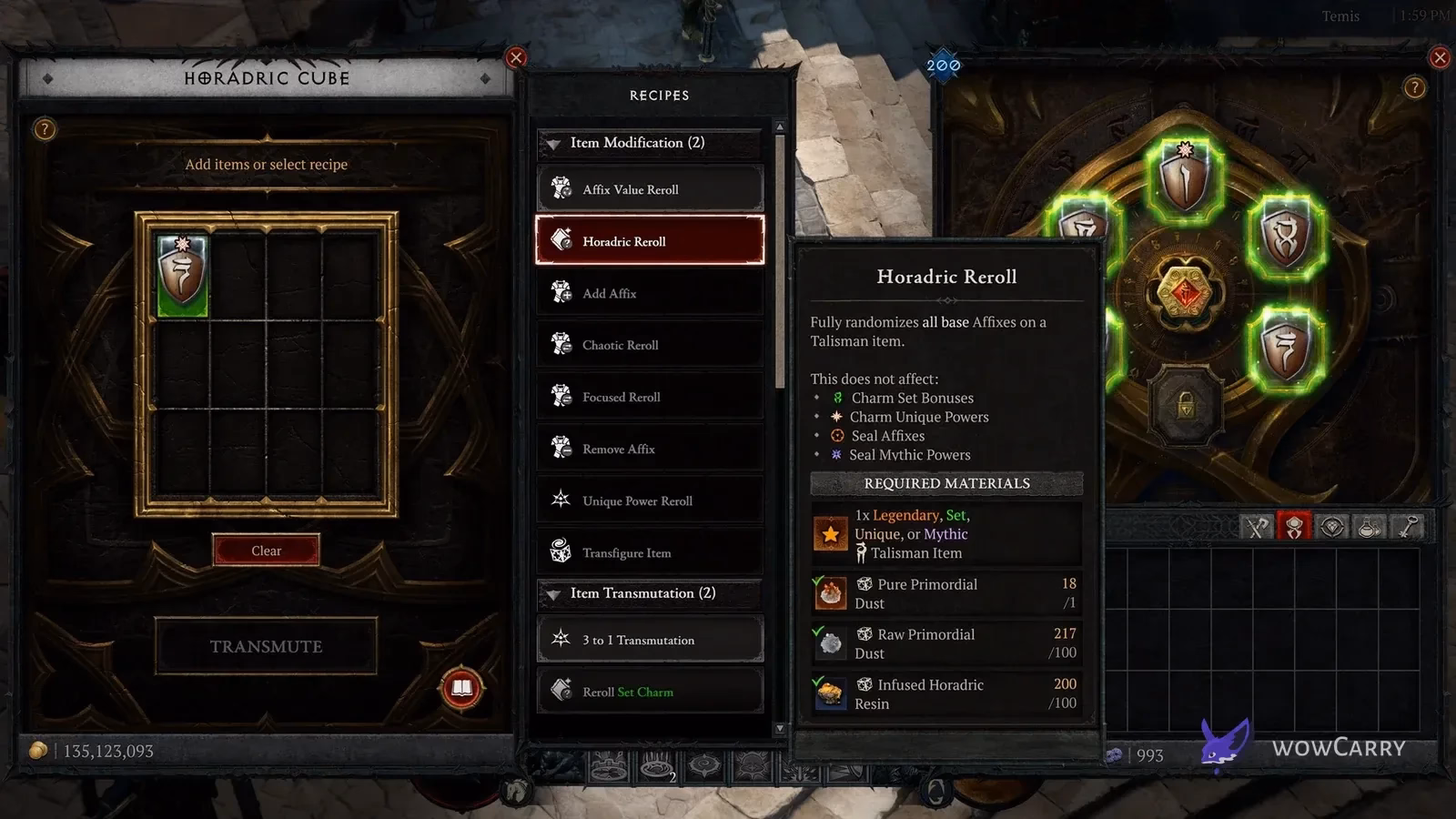 Horadric Reroll Talisman recipe and protected properties