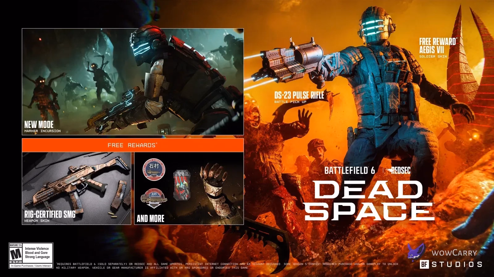 EA’s Dead Space event overview labelling the DS-23 Battle Pickup, Aegis VII skin and RIG-Certified SMG skin