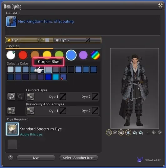 Official Item Dyeing window showing Corpse Blue selected and Standard Spectrum Dye required