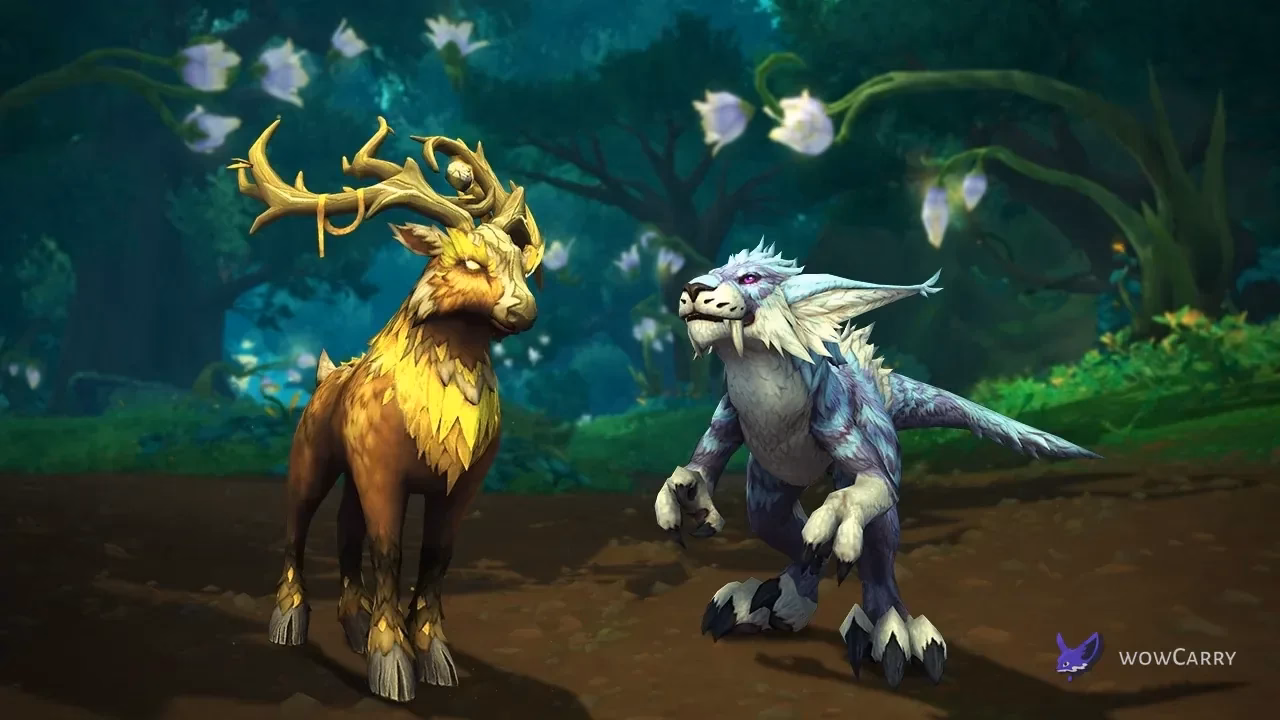 Golden Gladehart and purple-blue Dreamtalon Ground Travel forms in the Emerald Dream