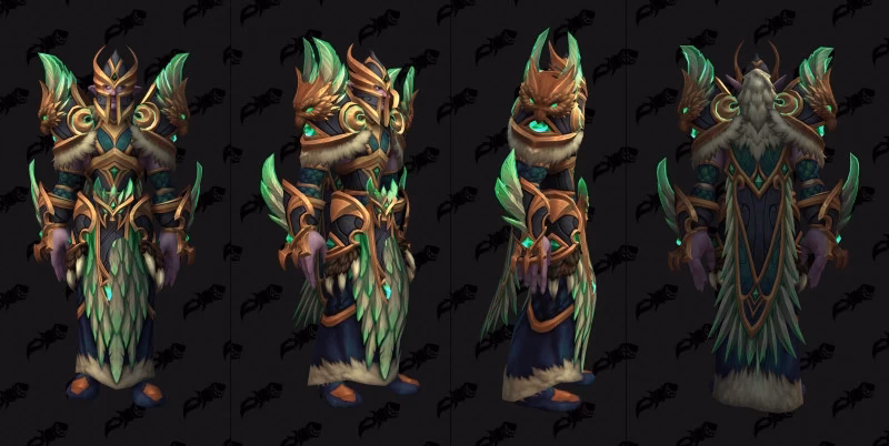 Heroic Amirdrassil Druid tier model from four angles, with green feathers and gold trim