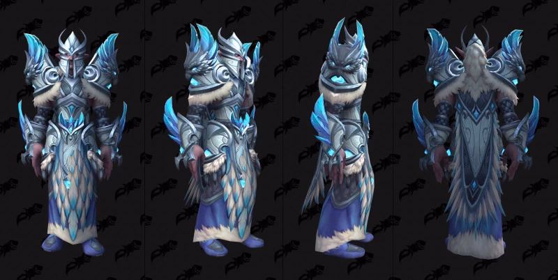 Raid Finder Amirdrassil Druid tier model from four angles, with pale blue feathers and silver armor
