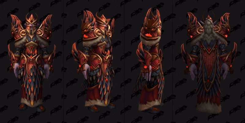 Normal Amirdrassil Druid tier model from four angles, with red and black feathers and gold armor