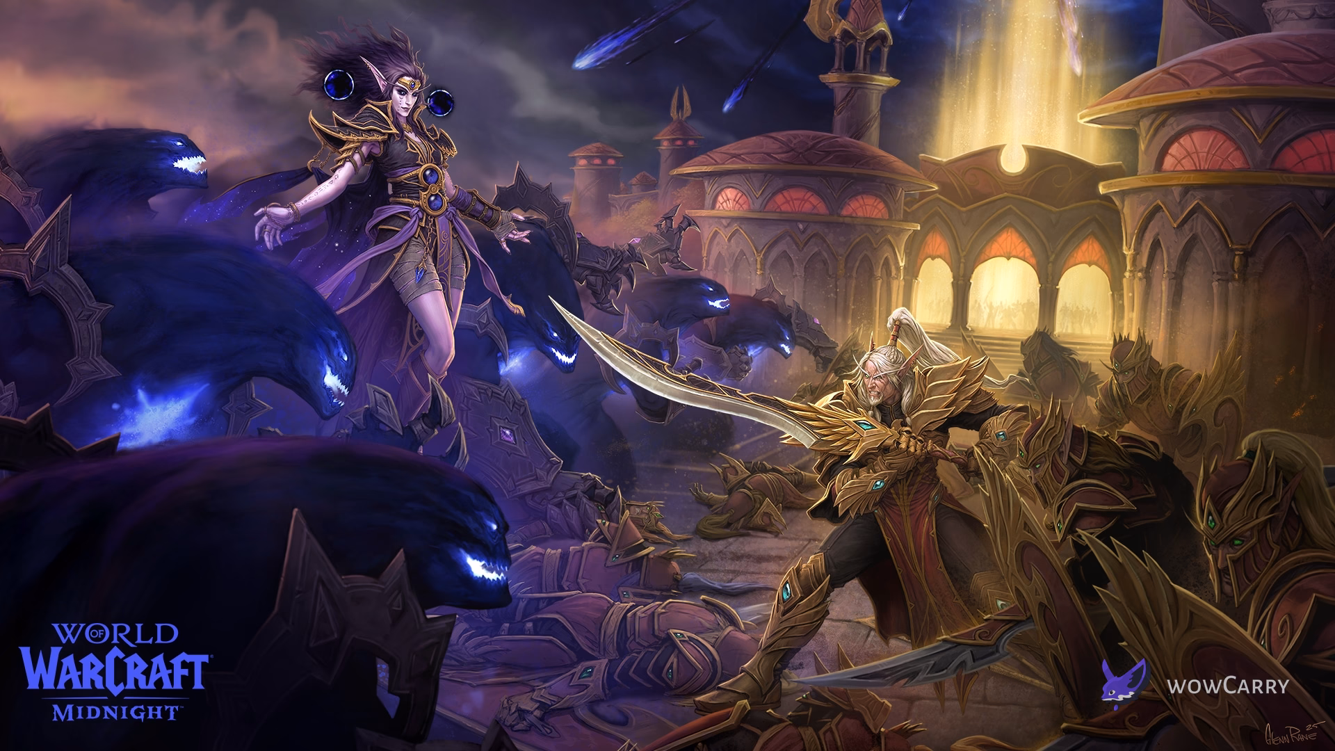 WoW Midnight expansion key art showing Season 1 promo art and Voidspire raid imagery