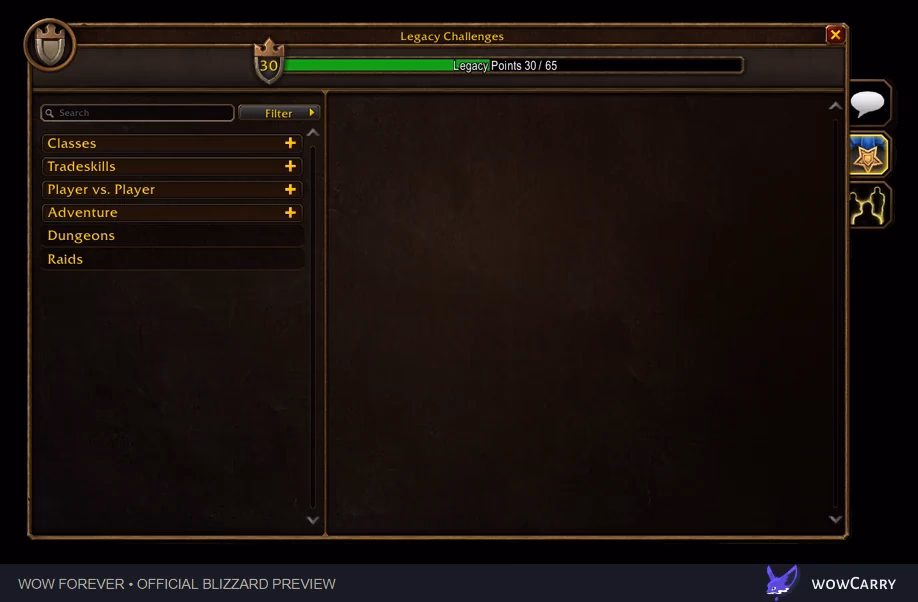 WoW Forever Legacy categories and progression panel