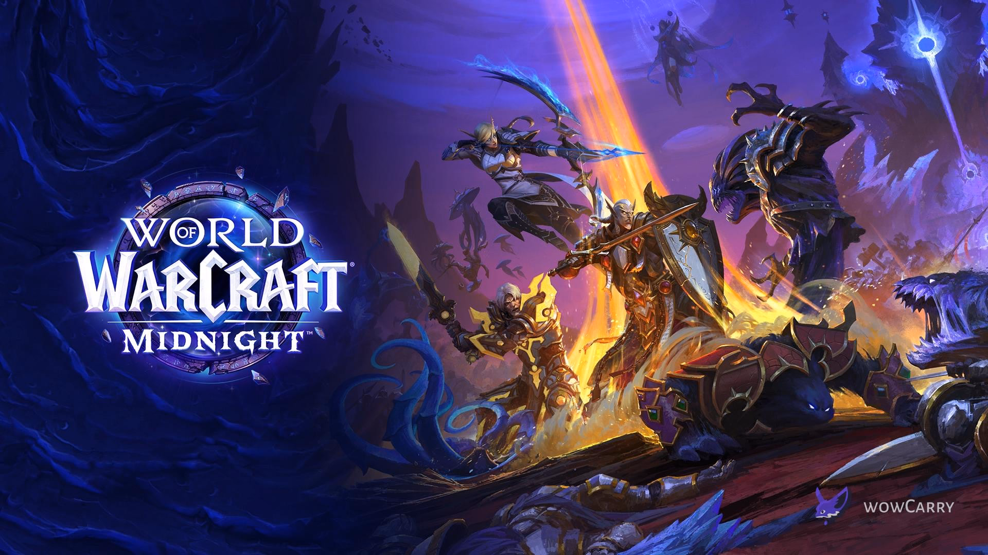 World of Warcraft: Midnight expansion key art showing heroes battling in a dark void environment