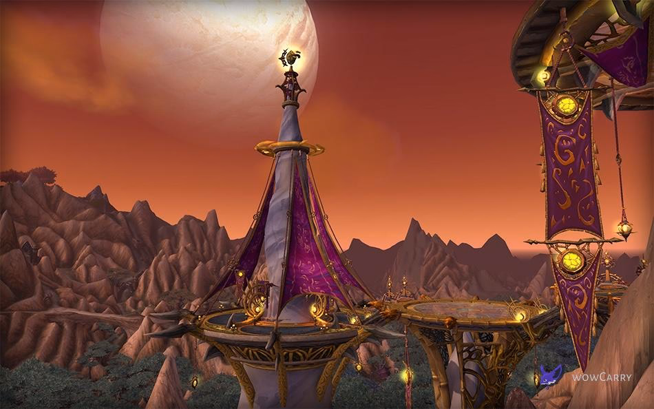 An Adherents of Rukhmar platform high above the Spires, the architectural style of Skyreach boss arenas including High Sage Viryx balcony