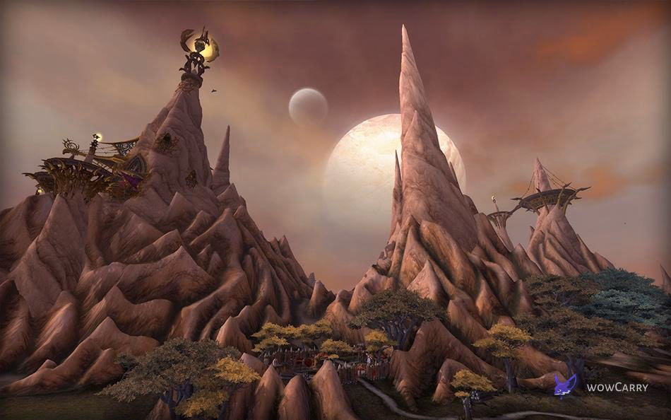 Spires of Arak with the floating Skyreach pinnacles in the distance, the Adherents of Rukhmar seat of power