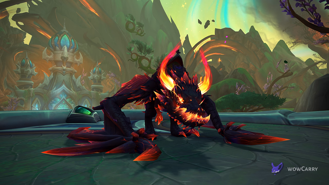 Fyrakk the Blazing in combat stance inside the Amirdrassil Emerald Dream arena