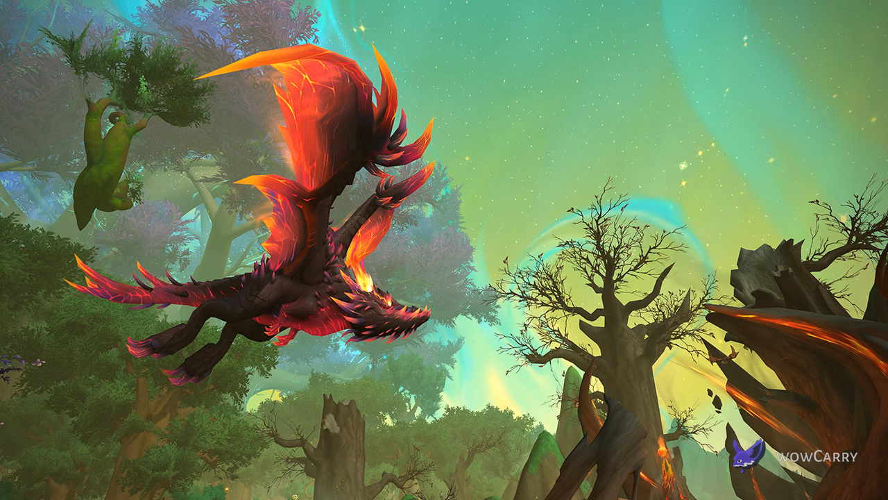 Fyrakk the Blazing soaring over the Emerald Dream in Amirdrassil, the Dreams Hope raid
