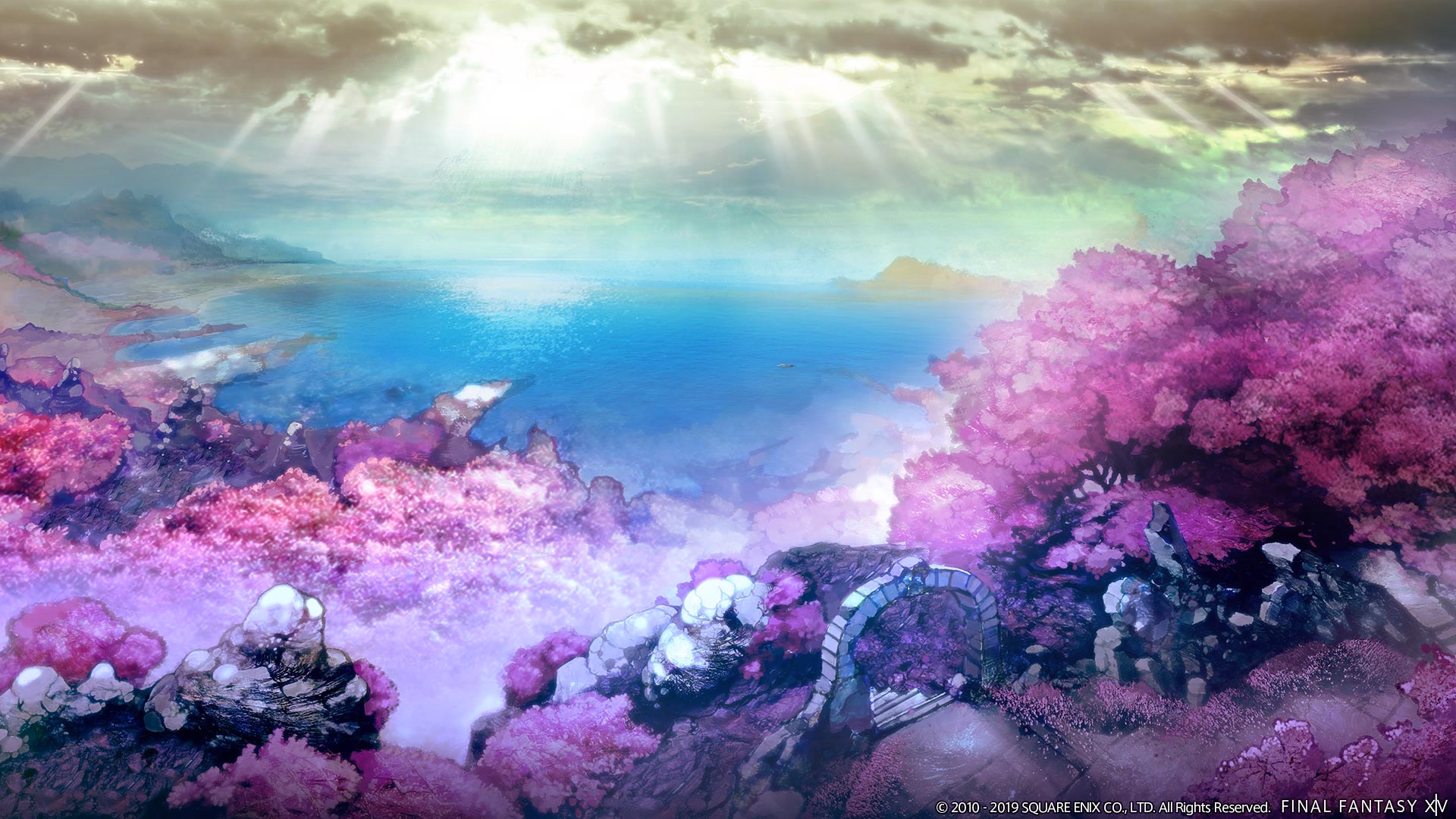 Il Mheg faerie kingdom pink blossoms and shimmering sea in FFXIV Shadowbringers