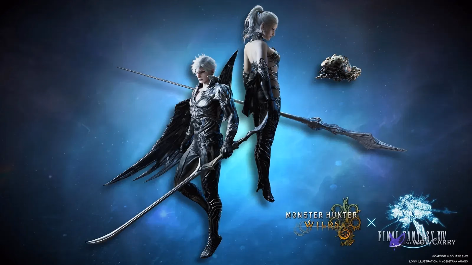 Official Monster Hunter Wilds image showing Omega Attire alpha, Omega’s Sword, Omega’s Rod and the OMG Kinsect
